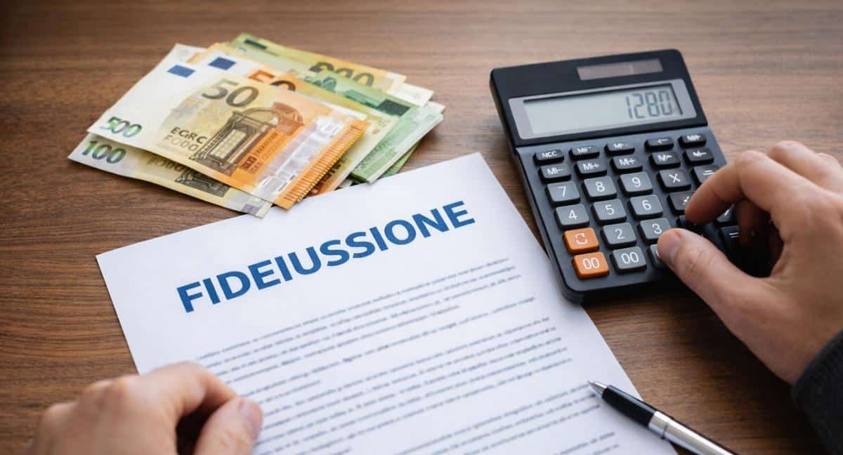 Calcolo del costo della fideiussione bancaria in Italia con contratto, calcolatrice ed euro sul tavolo