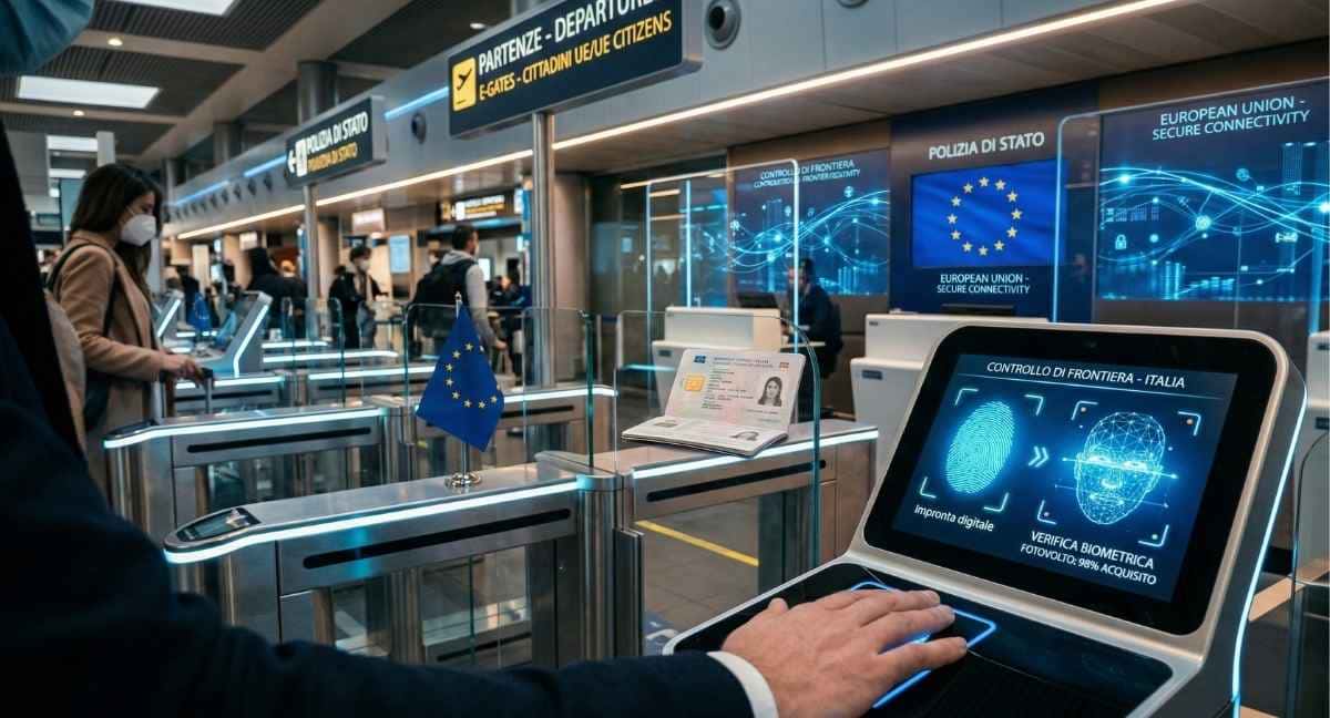 Rappresentazione concettuale del sistema EES: uno scanner biometrico per impronte digitali e riconoscimento facciale presso una frontiera europea, simboleggiante la transizione dai timbri manuali alla registrazione digitale dei viaggiatori
