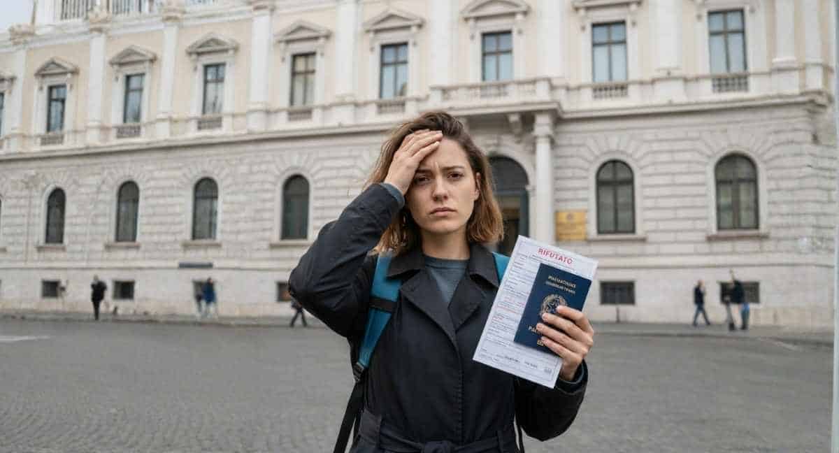 Persona davanti al Consolato che legge un provvedimento di diniego del visto con passaporto e documenti in mano